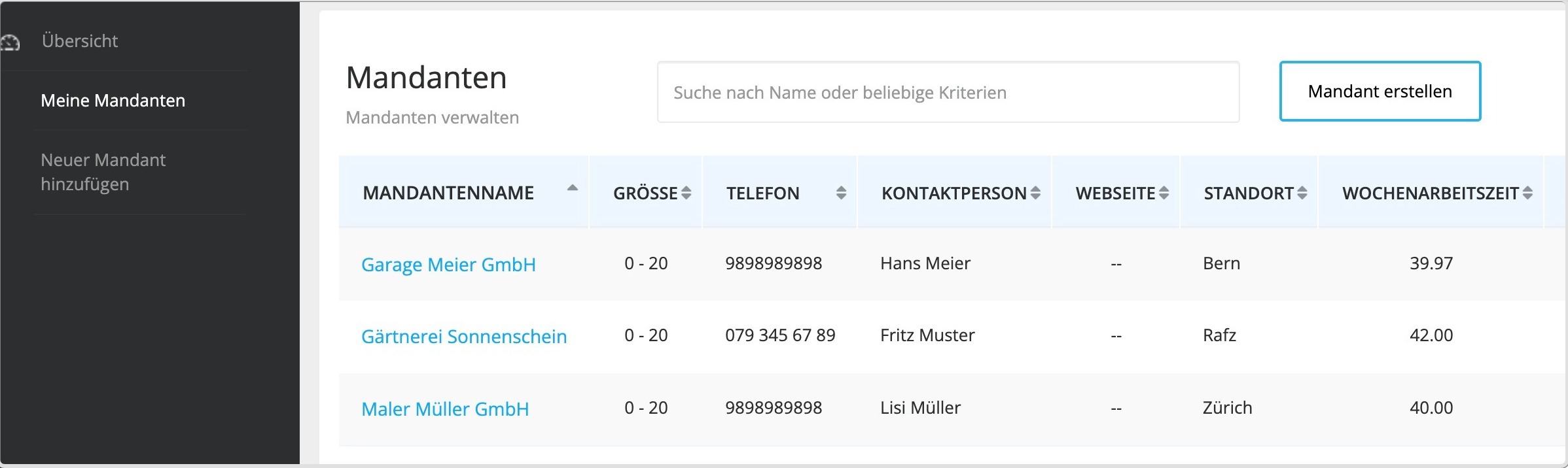 Dashboard zur Verwaltung mehrerer Unternehmen in unserer Zeiterfassungssoftware für Buchhalter